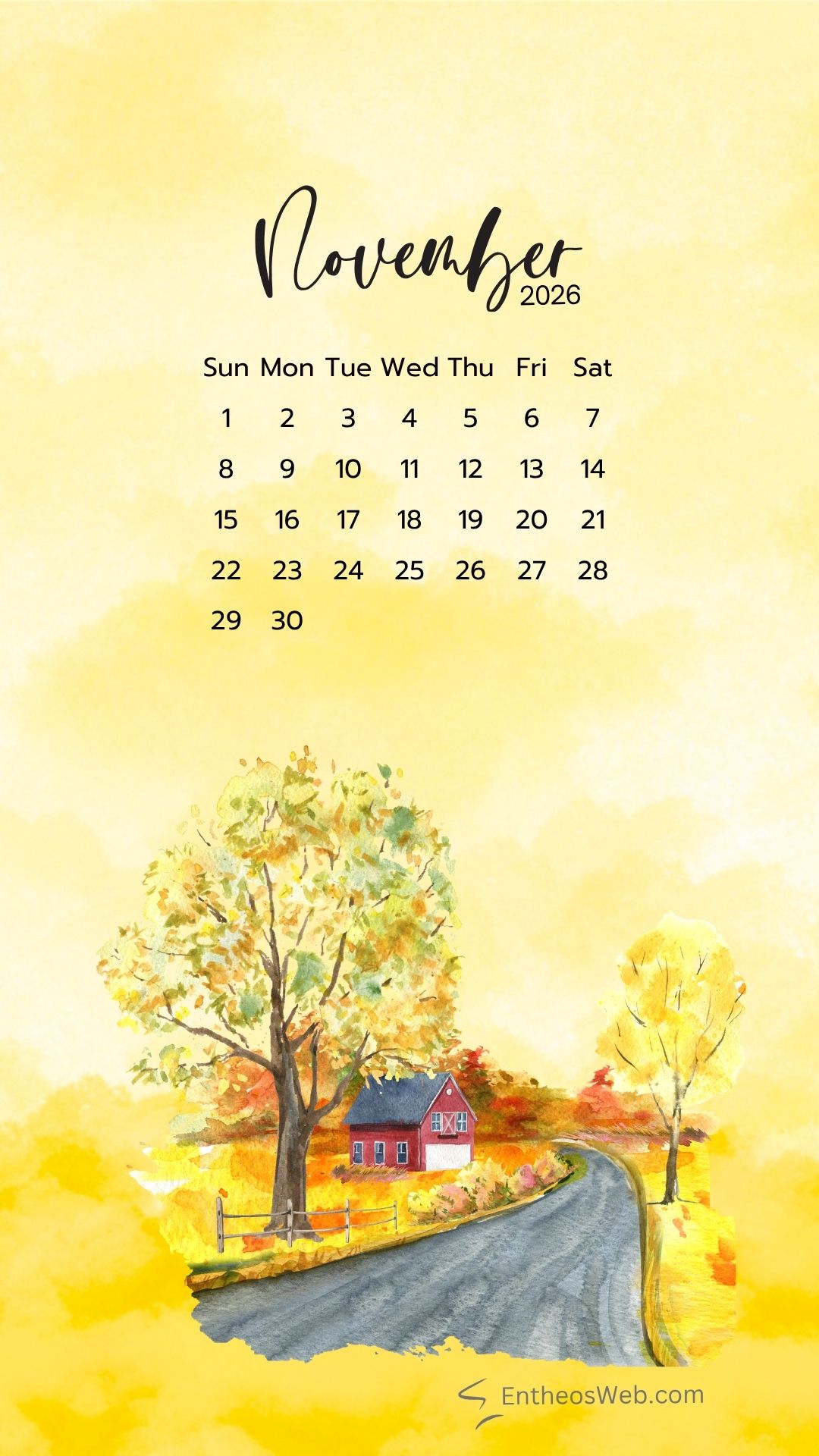 November 2026 phone wallpaper background fall | november calendar phone wallpaper | entheosweb November 2026 calendar on a yellow watercolor background with a rural scene at the bottom November 2026 phone wallpaper background fall