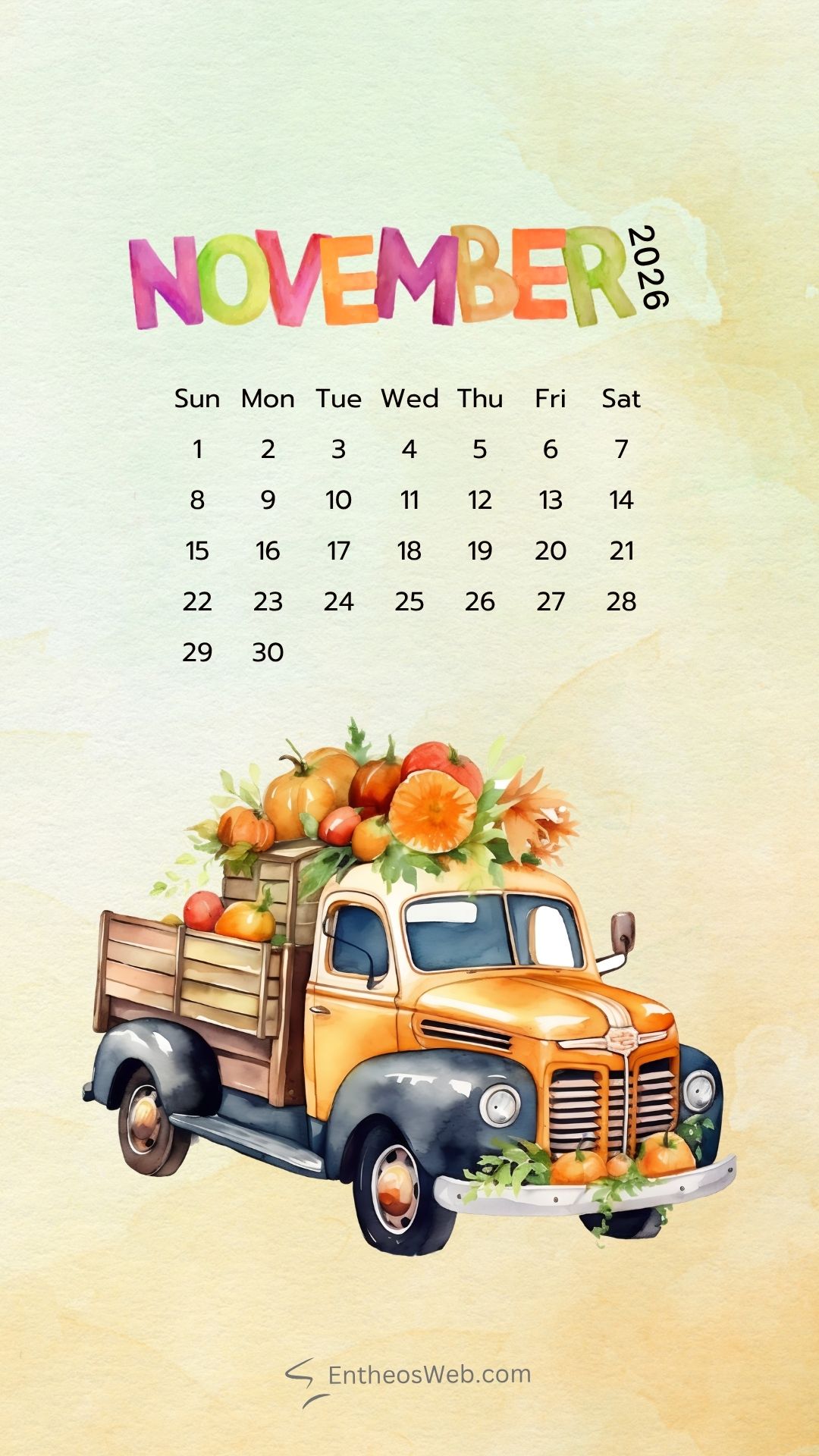 November 2026 phone wallpaper background pumpkins | november calendar phone wallpaper | entheosweb Colorful november 2026 calendar above a cartoon pumpkin filled truck November 2026 phone wallpaper background pumpkins