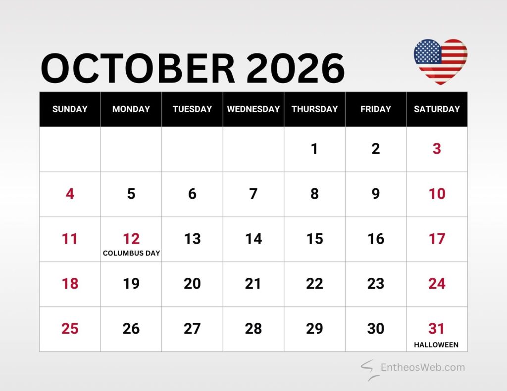 October 2026 calendar page showing days of week and dates with halloween on the 31st October 2026 calendar with us holidays and observances