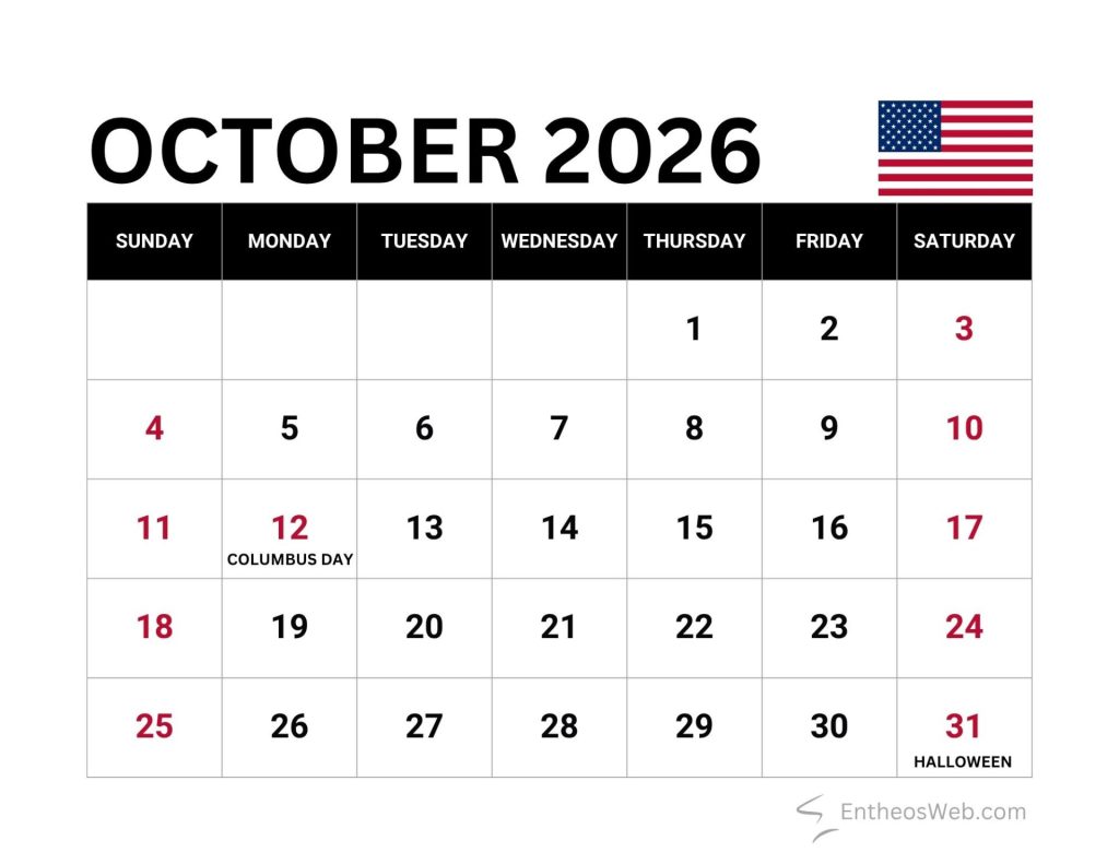 Calendar for october 2026 with days of week across top dates in a grid columbus day on the 12th and halloween on the 31st shown with a us flag icon nearby October 2026 calendar with us holidays and observances