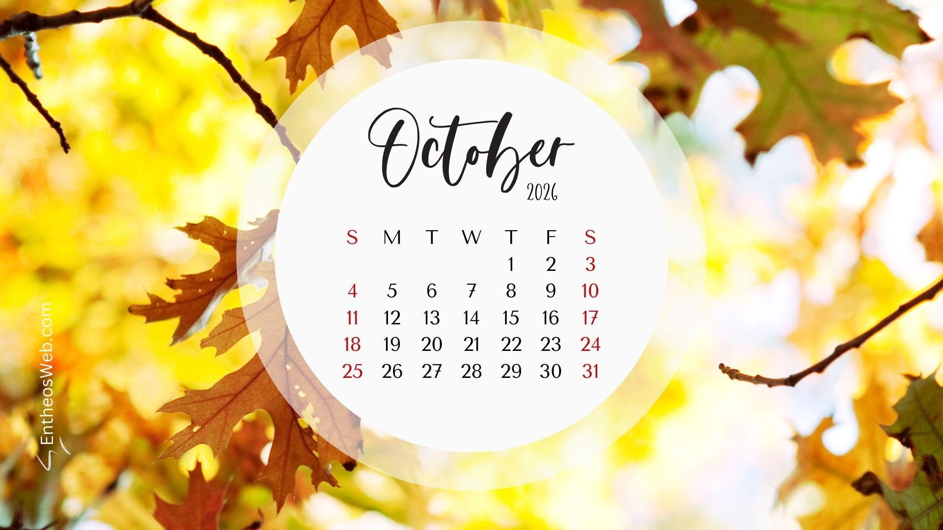 October 2026 desktop wallpaper circular frame on fall background | october 2026 desktop wallpaper calendar | entheosweb October 2026 desktop wallpaper circular frame on fall background