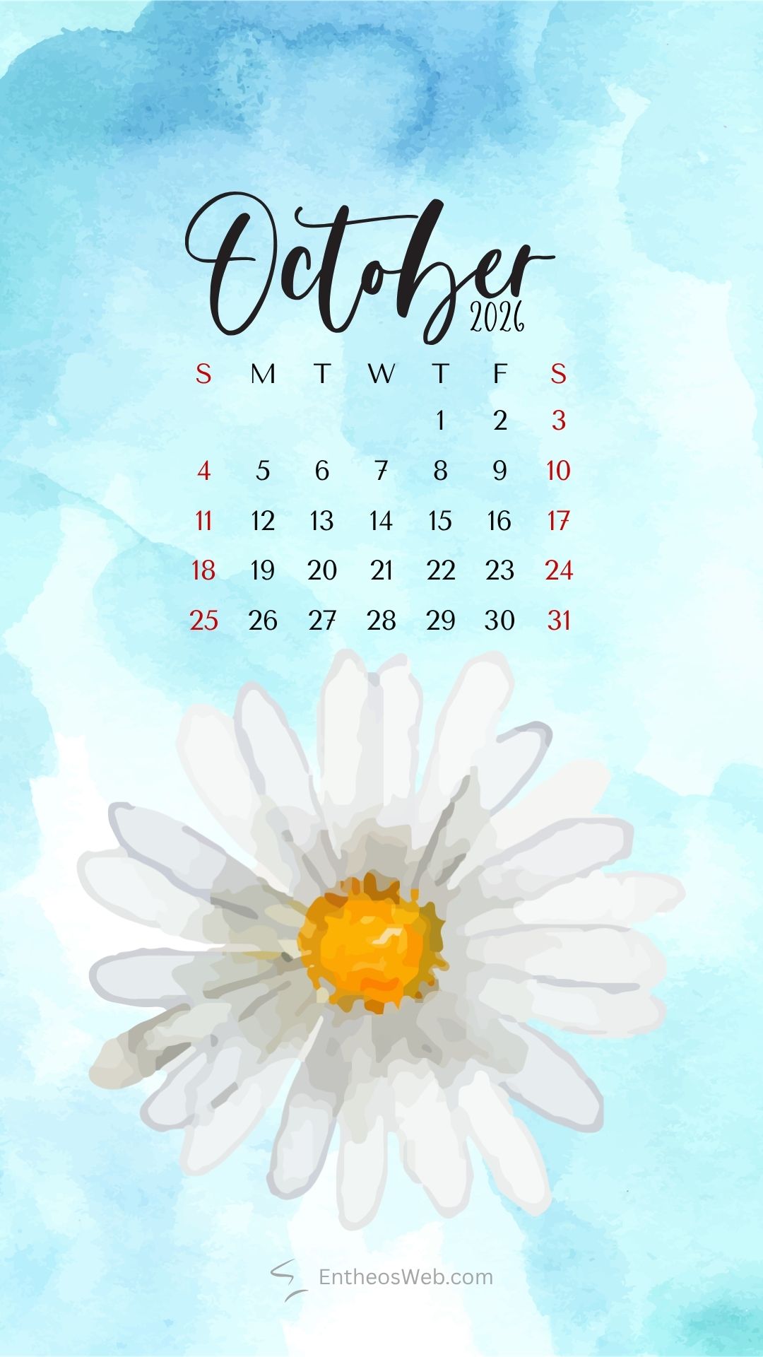 October 2026 phone background wallpaper design | october calendar phone wallpaper | entheosweb October 2026 calendar on a blue watercolor background with a large white daisy at the bottom sundays in red October 2026 phone background wallpaper design