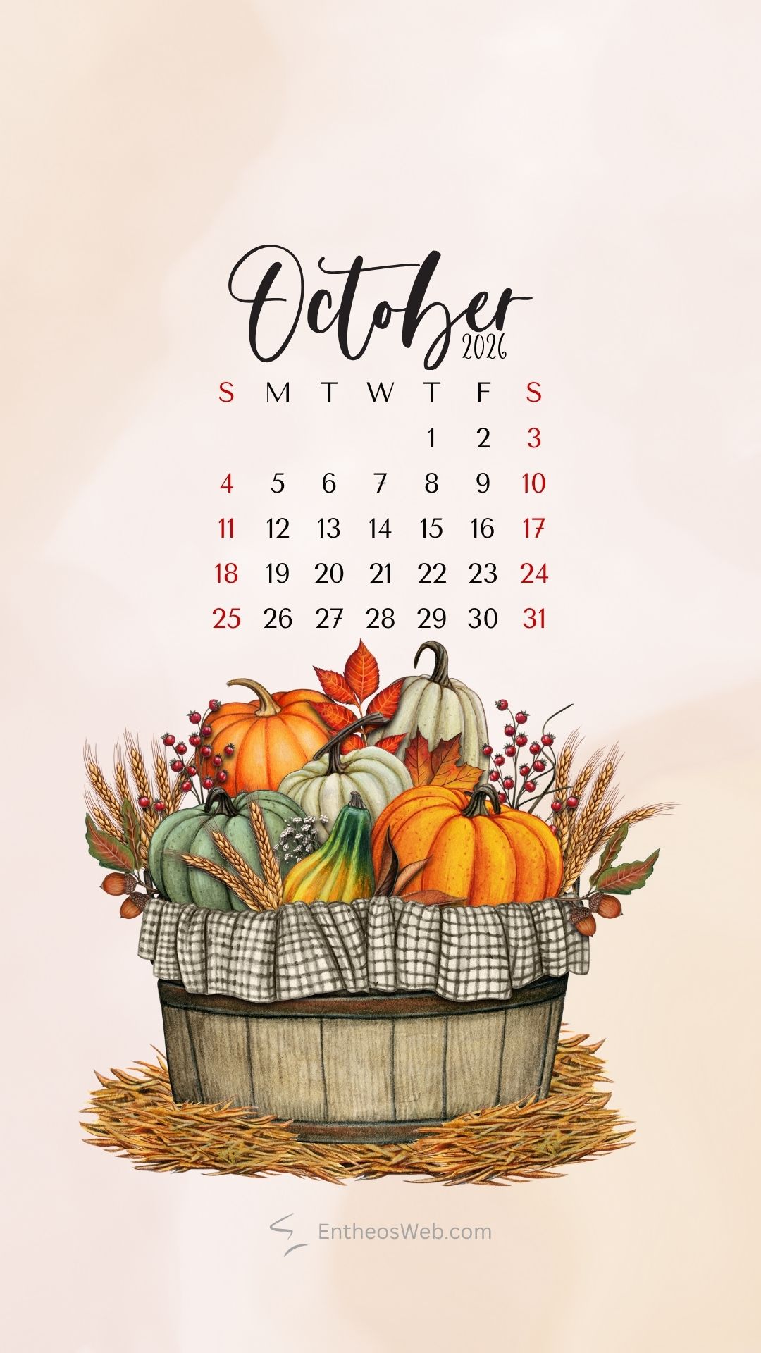 October 2026 phone wallpaper thanksgiving | october calendar phone wallpaper | entheosweb October 2026 calendar page with a pumpkin filled harvest basket at the bottom against a soft peach background October 2026 phone wallpaper thanksgiving
