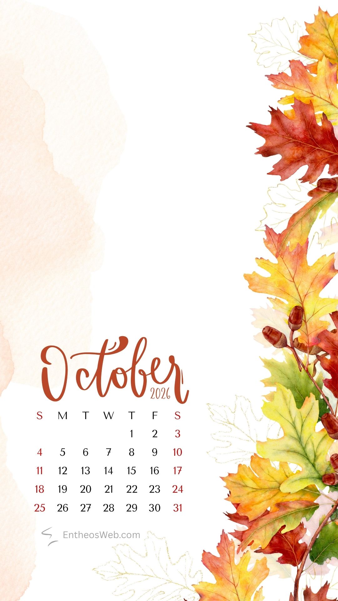 October calendar phone wallpaper beautiful watercolor fall leaves | october calendar phone wallpaper | entheosweb October 2026 calendar page with an autumn leaf border on the right and a beige watercolor shape on the left October calendar phone wallpaper beautiful watercolor fall leaves