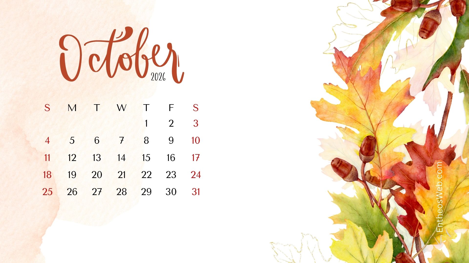 October calendar phone wallpaper beautiful watercolor fall leaves | october 2026 desktop wallpaper calendar | entheosweb October calendar phone wallpaper beautiful watercolor fall leaves