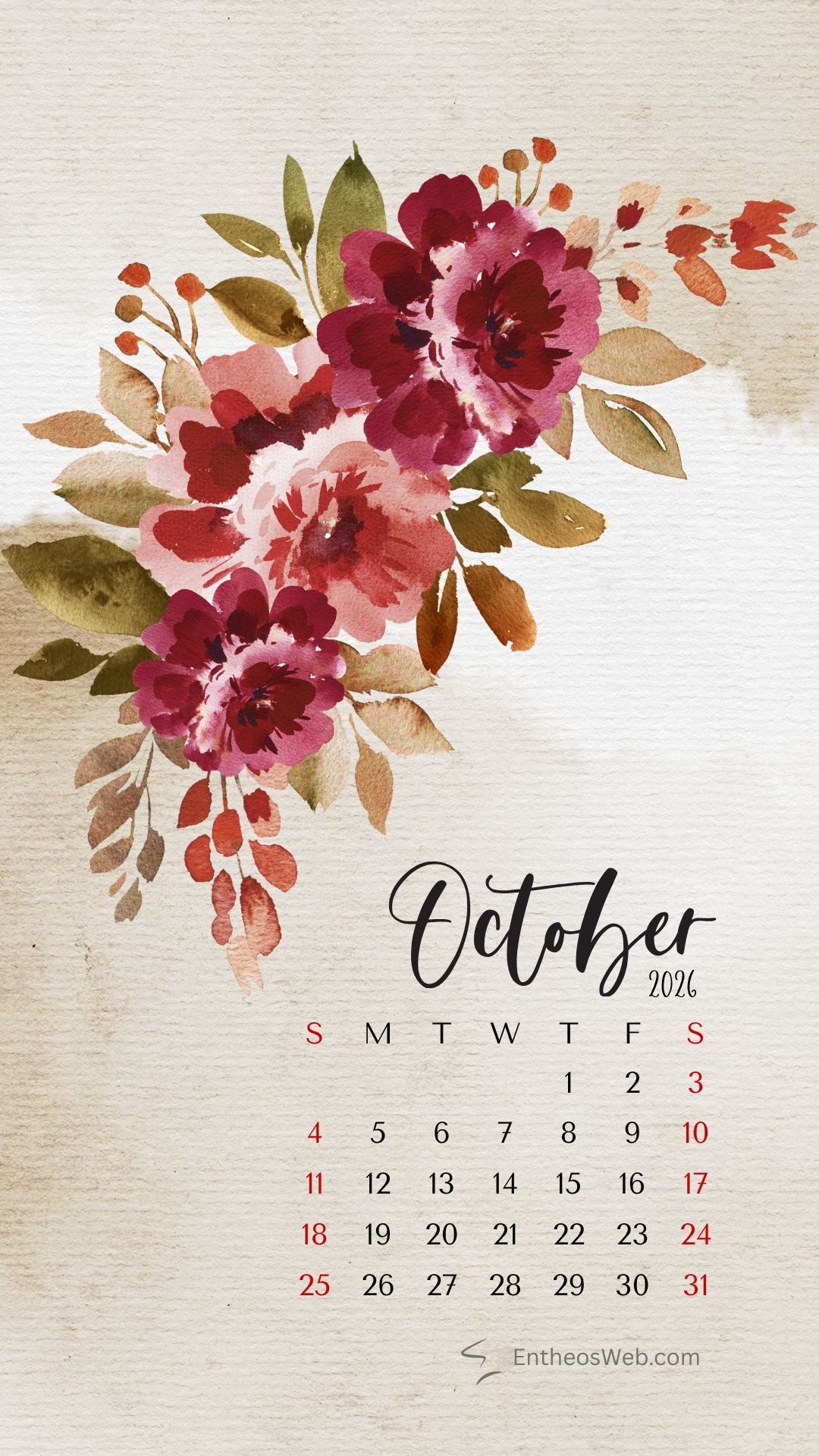 October calendar phone wallpaper beautiful watercolor flowers | october calendar phone wallpaper | entheosweb Watercolor bouquet of pink and burgundy flowers in the top left with the october 2026 calendar grid on a beige textured background October calendar phone wallpaper beautiful watercolor flowers
