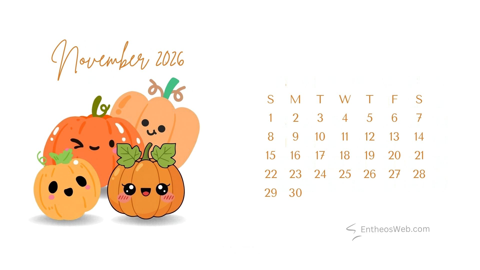 Pumpkin november 2026 desktop wallpaper | november 2026 desktop wallpaper calendars | entheosweb Whimsical november 2016 calendar page with cute orange pumpkins on the left and a grid of dates on the right Pumpkin november 2026 desktop wallpaper