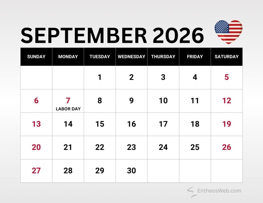 September 2026 calendar in month view days in a grid labor day on september 7th September 2026 calendar with us holidays and observances