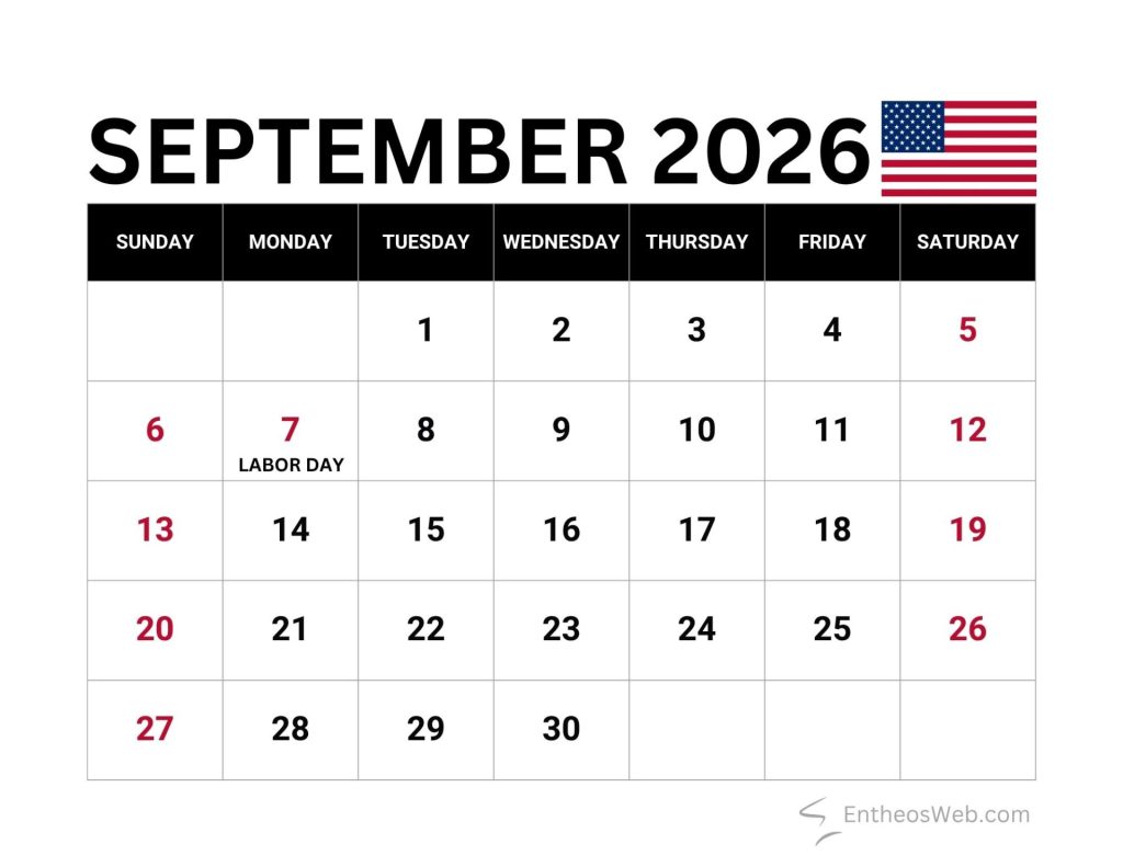 September 2026 calendar page showing days sundaysaturday labor day marked on sept 7 in red with labor day label u S Flag in upper right corner september 2026 calendar with us holidays and observances