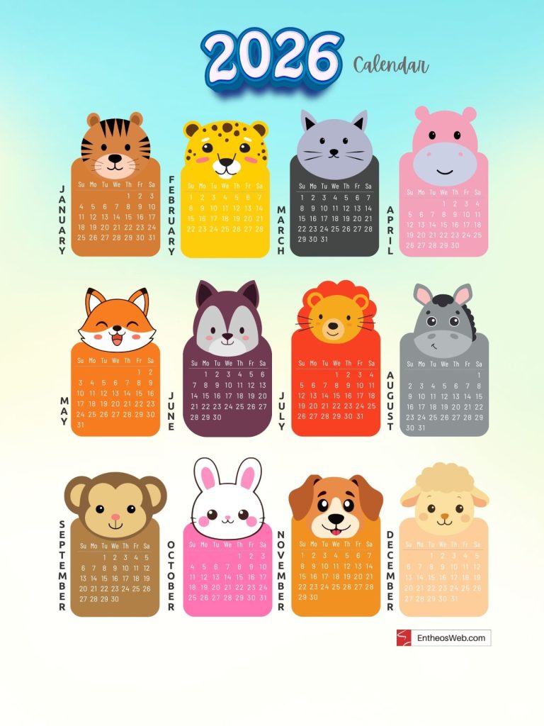 2026 cute animals printable yearly calendar