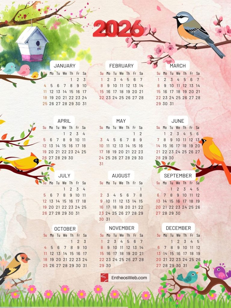 2026 cute birds on branches with flowers printable yearly calendar
