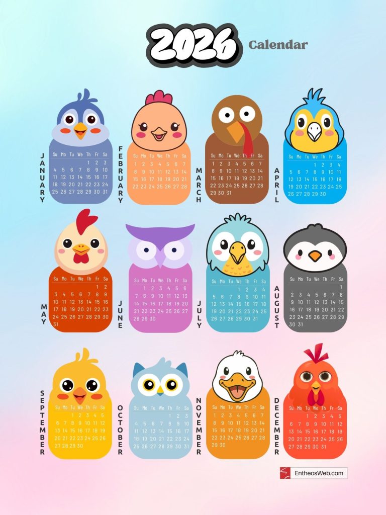 2026 cute birds printable yearly calendars by entheosweb