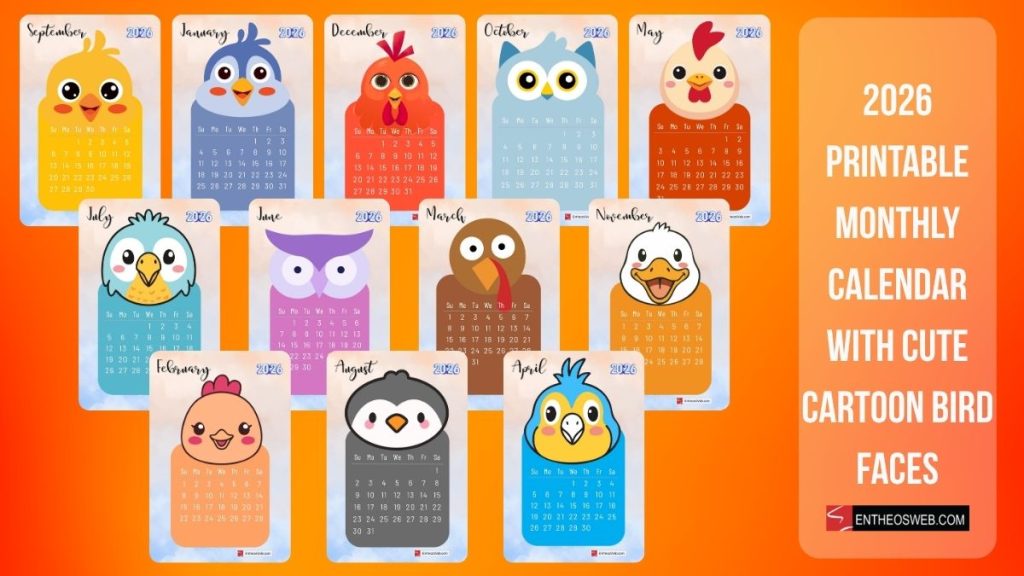 2026 printable monthly calendar with cute cartoon bird faces featuring cute cartoon birds on an orange background labeled januarydecember 2026