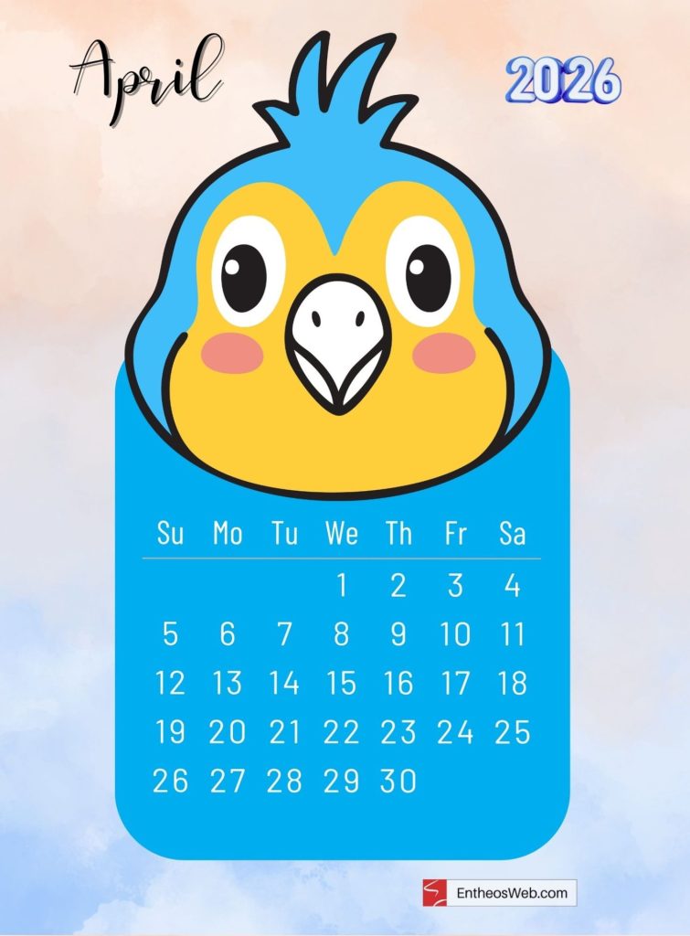 April 2026 printable monthly calendar with cute cartoon cockatiel