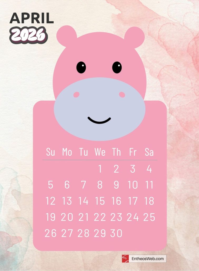 April free 2026 printable monthly calendar with cute cartoon animal hippo