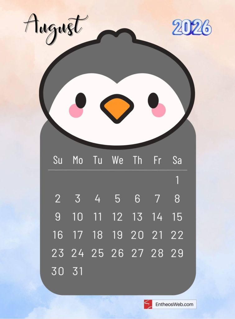 August 2026 printable monthly calendar with cute cartoon penguin