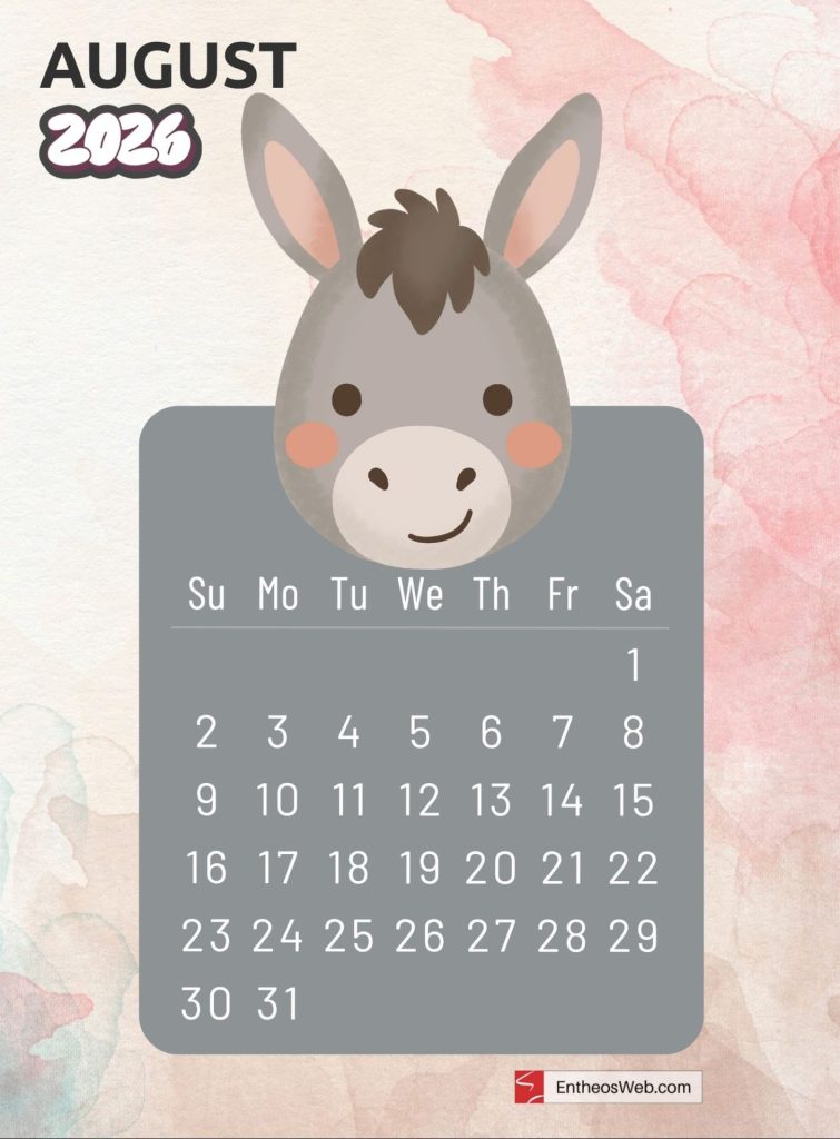 August free 2026 printable monthly calendar with cute cartoon animal donkey