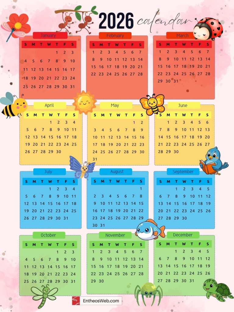 Colorful 2026 cute printable yearly calendar