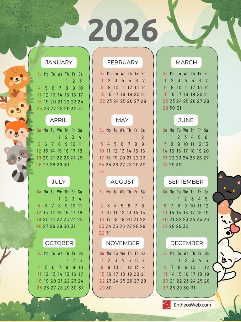 Cute animals and trees 2026 printable yearly calendar