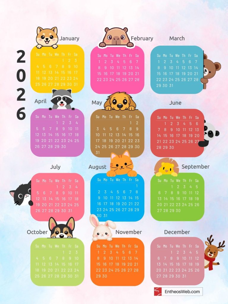Cute animals peeping animals 2026 printable yearly calendar