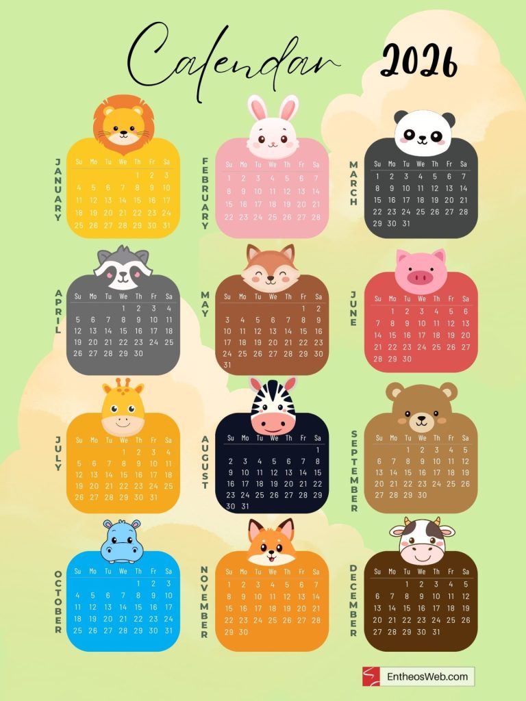 Cute cartoon animals 2026 printable yearly calendar