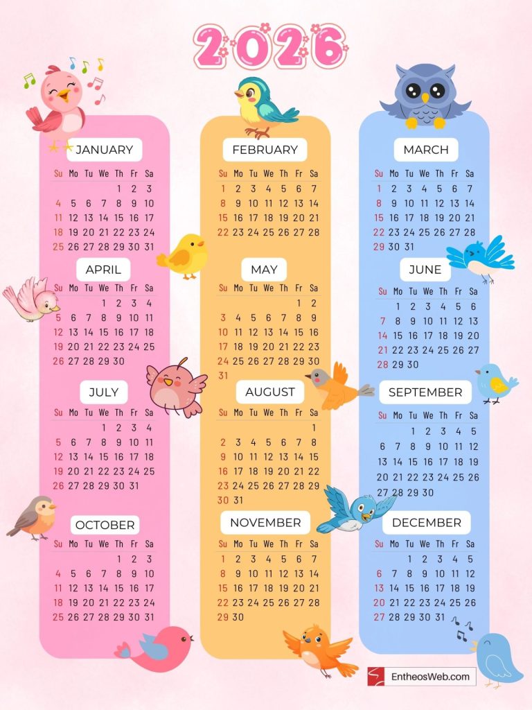 Decorative 2026 calendar showing months january to december with colorful bird illustrations on pastel columns Cute pink yellow and blue color birds 2026 printable yearly calendar by entheosweb