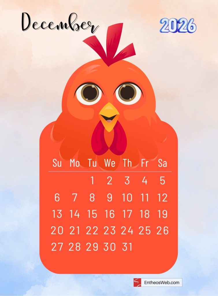 December 2026 printable monthly calendar with cute cartoon rooster
