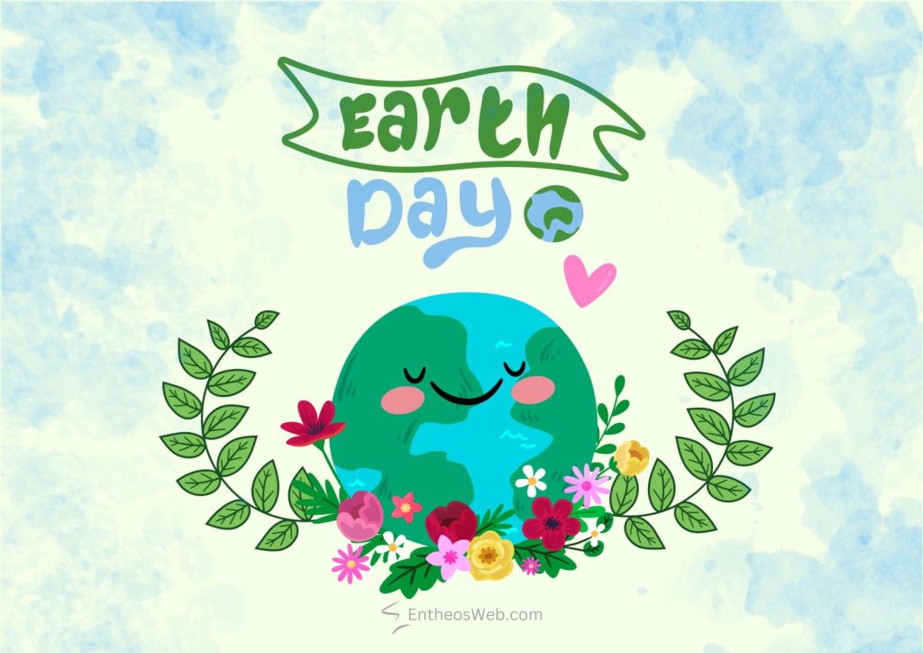 Cheerful earth day illustration a smiling globe surrounded by colorful flowers and leaves with a banner above reading earth day earh day happy cute earth
