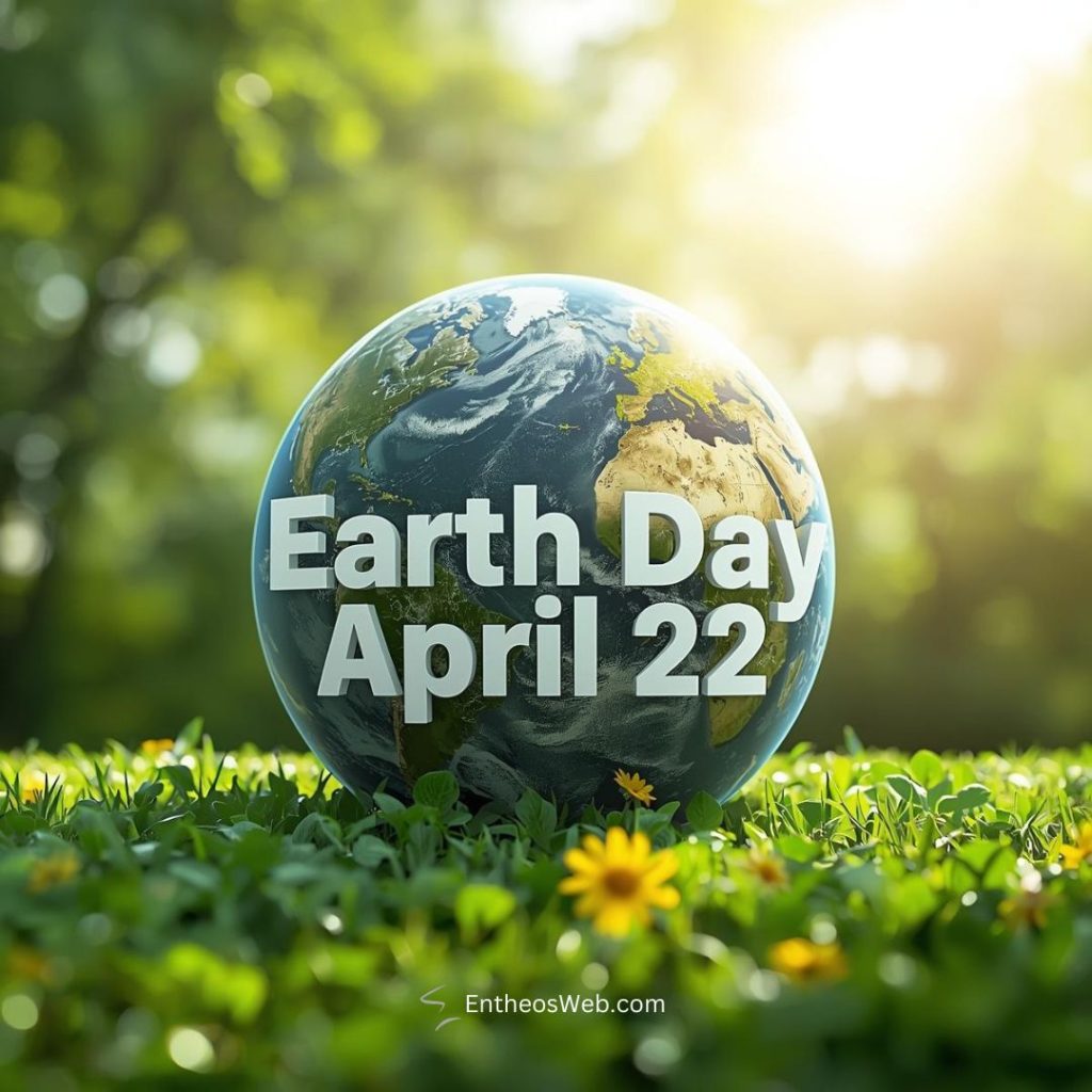 Globe resting on a grassy field with bright sunlight featuring the text earth day april 22 environmental awareness Earth day april 22 2