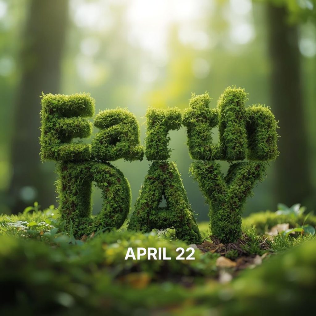 Moss covered letters spell april 22 in a forest promoting earth day Earth day april 22 4