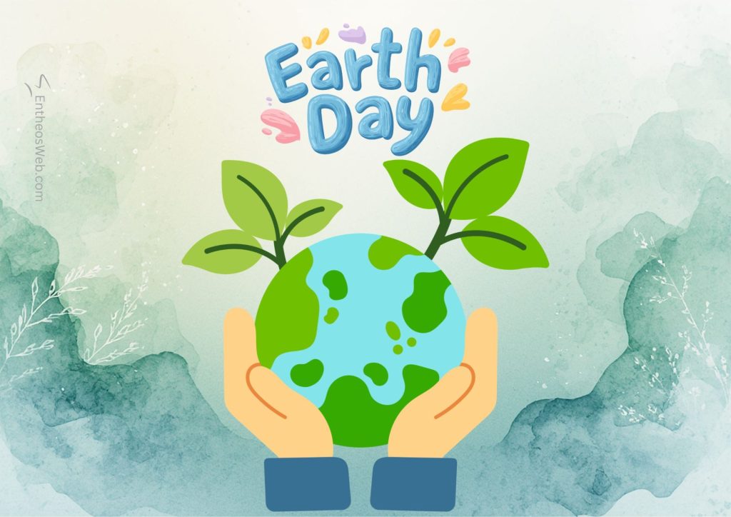 Hands gently cradle a cartoon earth with green continents and sprouts over an earth day banner Earth day holding earth