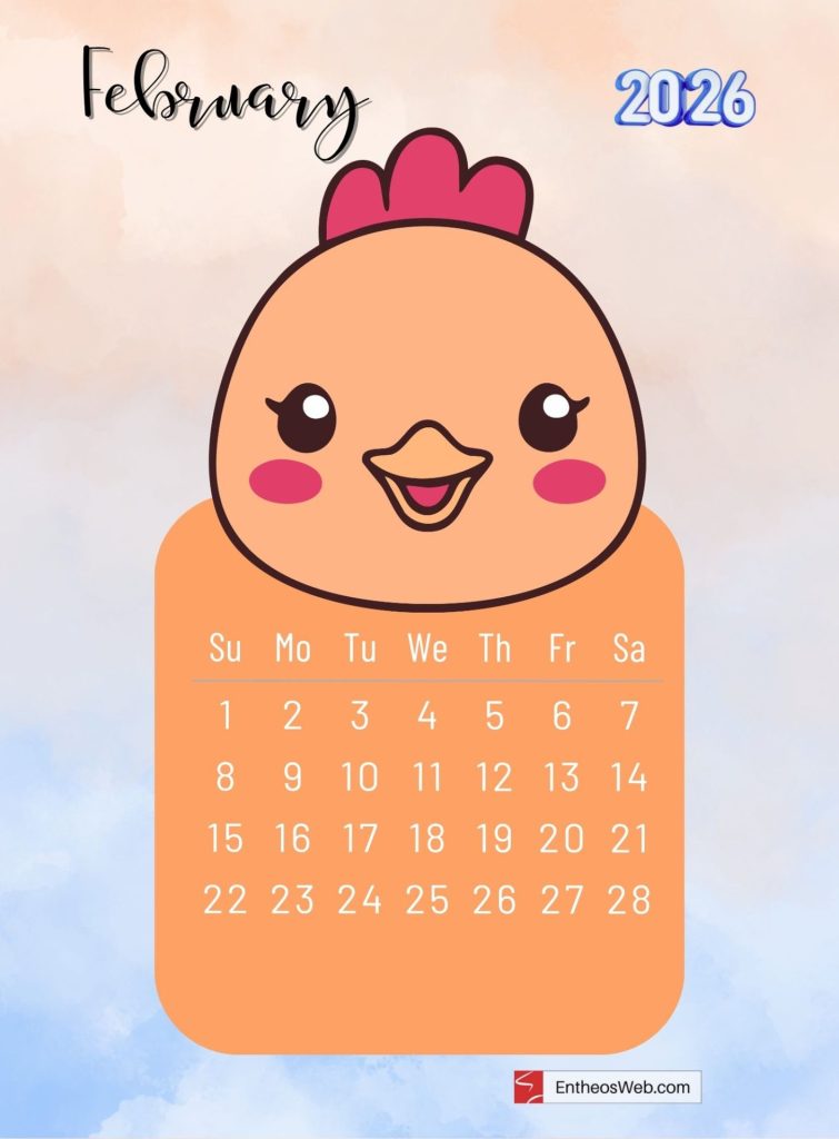 February 2026 printable monthly calendar with cute cartoon chick
