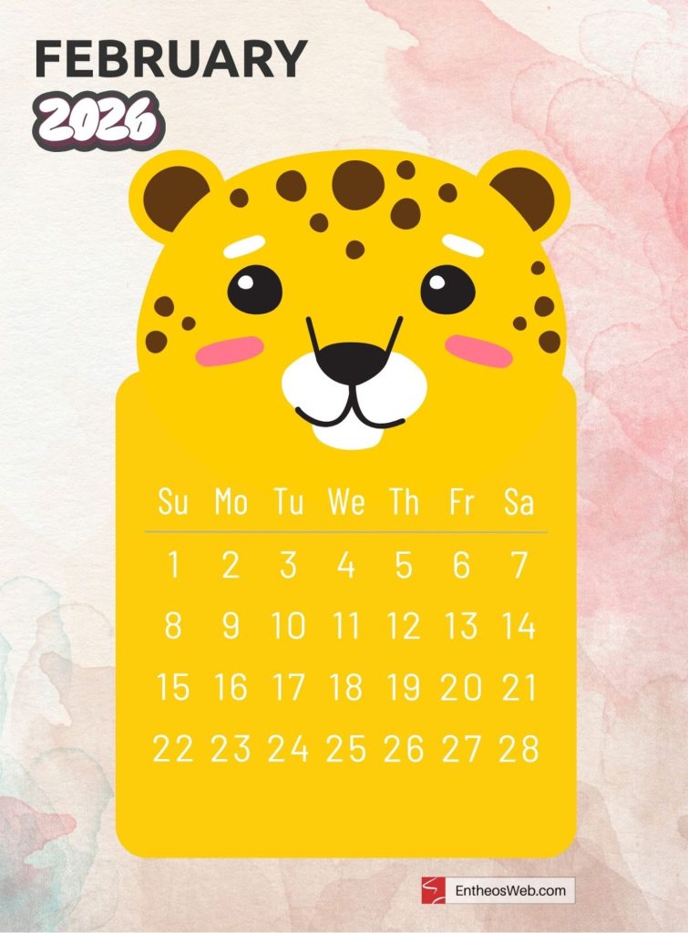 February free 2026 printable monthly calendar with cute cartoon animal leopard
