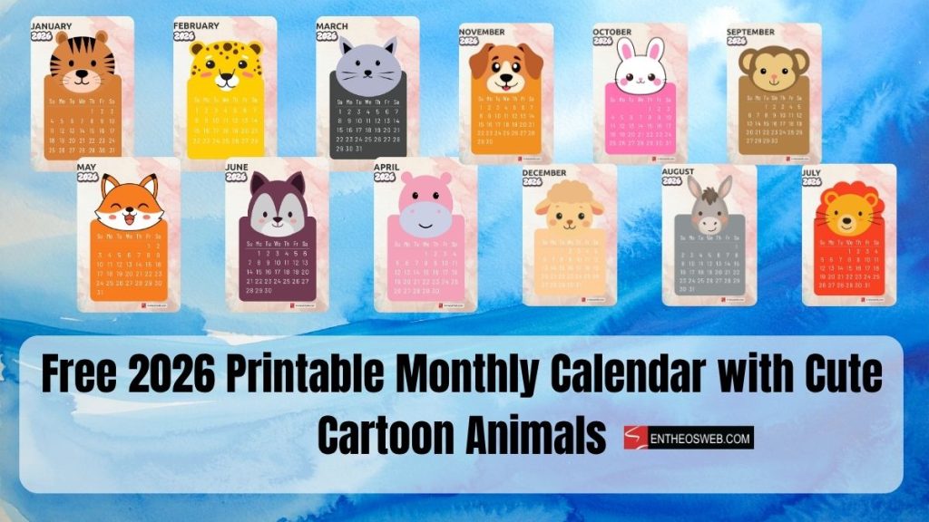 Free 2026 printable monthly calendar with cute cartoon animals