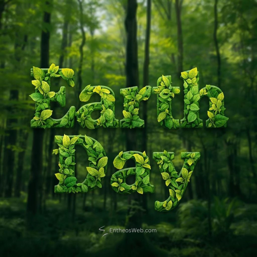 Leaf covered earth day text set in a dense forest background conveying an eco friendly message Green earth day