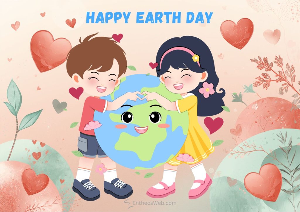 Two children hug a smiling earth globe with hearts around and happy earth day at the top conveying love for the planet Happy earth day heart