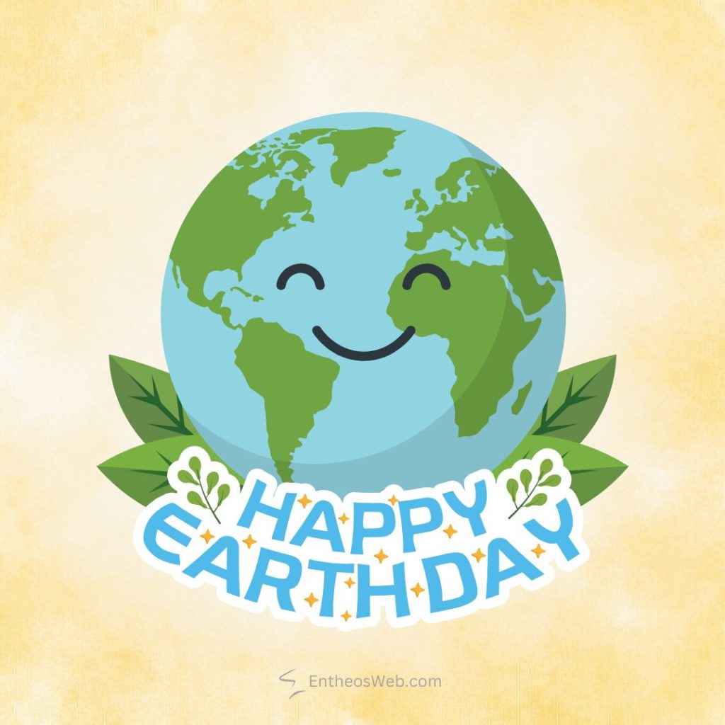 Happy earth day graphic a smiling cartoon globe with green continents and blue oceans framed by leaves on a yellow background Happy earth day smiling earth