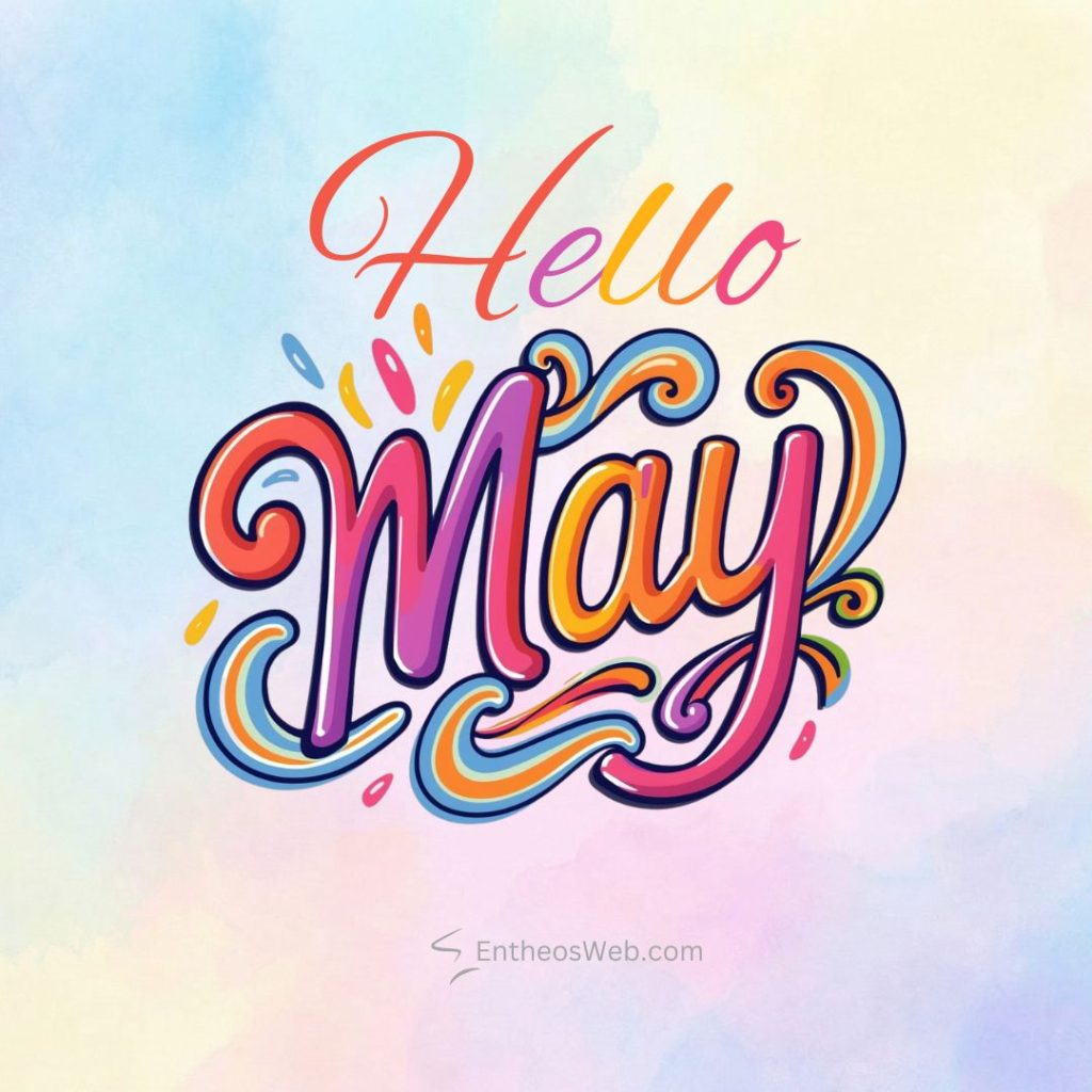 Colorful hello may greeting on a pastel watercolor background Hello may instagram post abstract