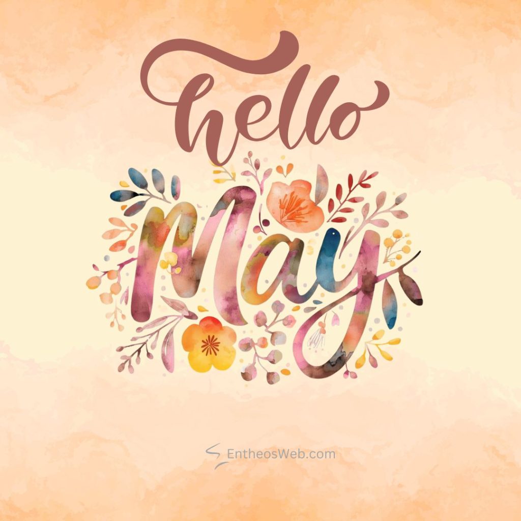 Colorful watercolor floral wordart saying hello may with pastel peach background Hello may instagram post brown background and text