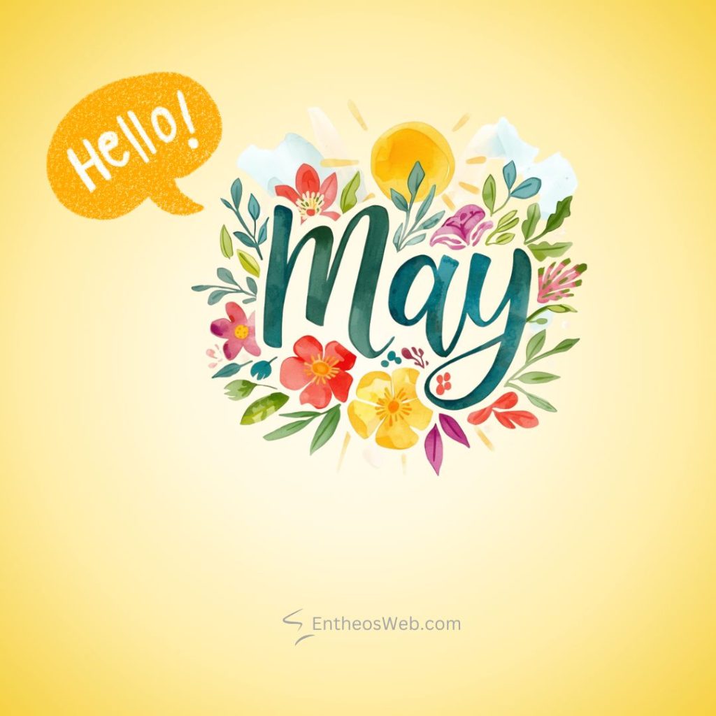 Bright yellow background with a colorful floral wreath forming the word may and a yellow hello  speech bubble on the left Hello may instagram post bubble