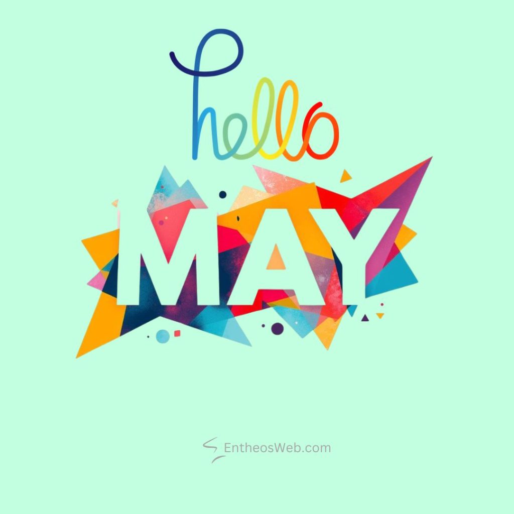 Colorful hello may greeting graphic with geometric shapes on a mint background Hello may instagram post colourful geometry