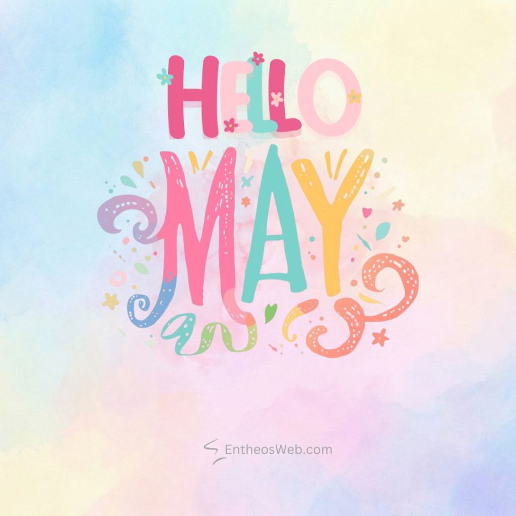 Pastel gradient background with bright multicolored text that says hello may and playful decorative accents Hello may instagram post colourfull
