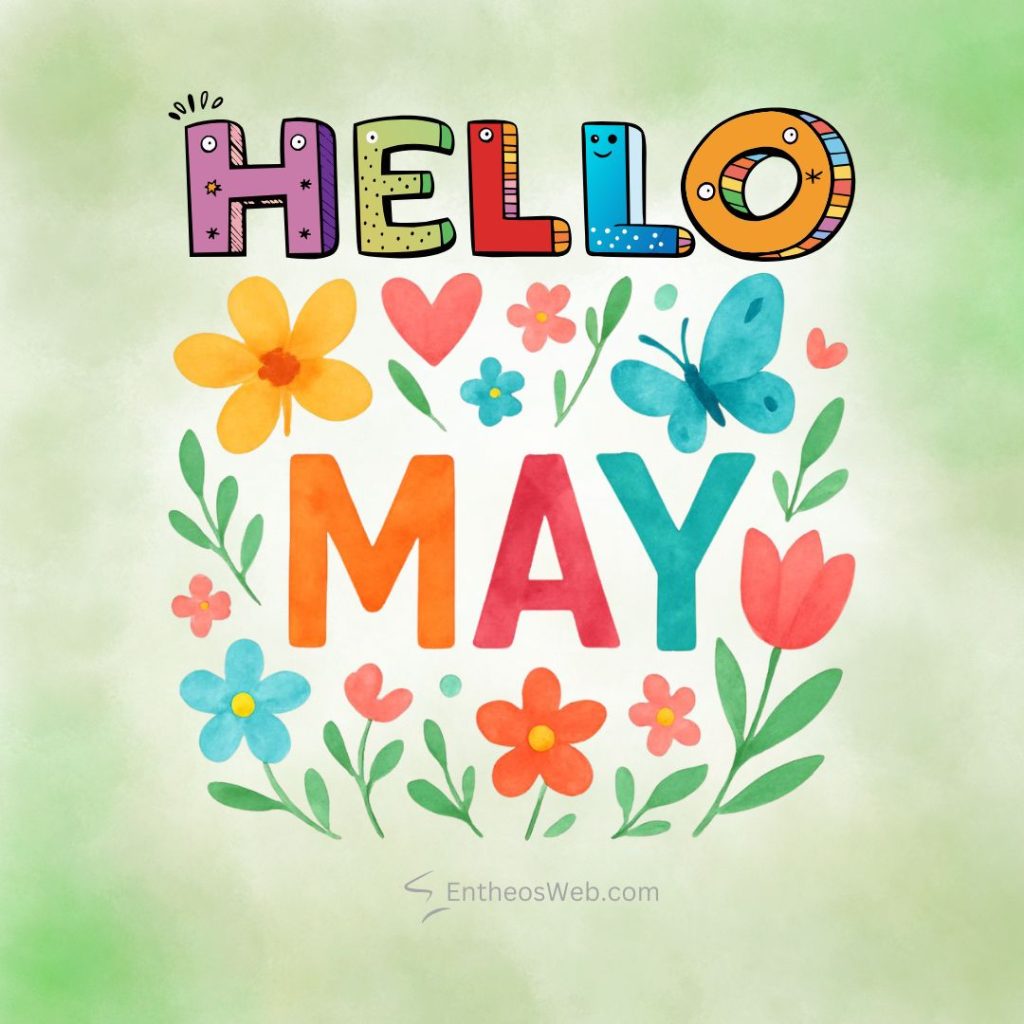 Cheerful illustration reading hello may with colorful letters flowers and a blue butterfly on a soft green background Hello may instagram post faces
