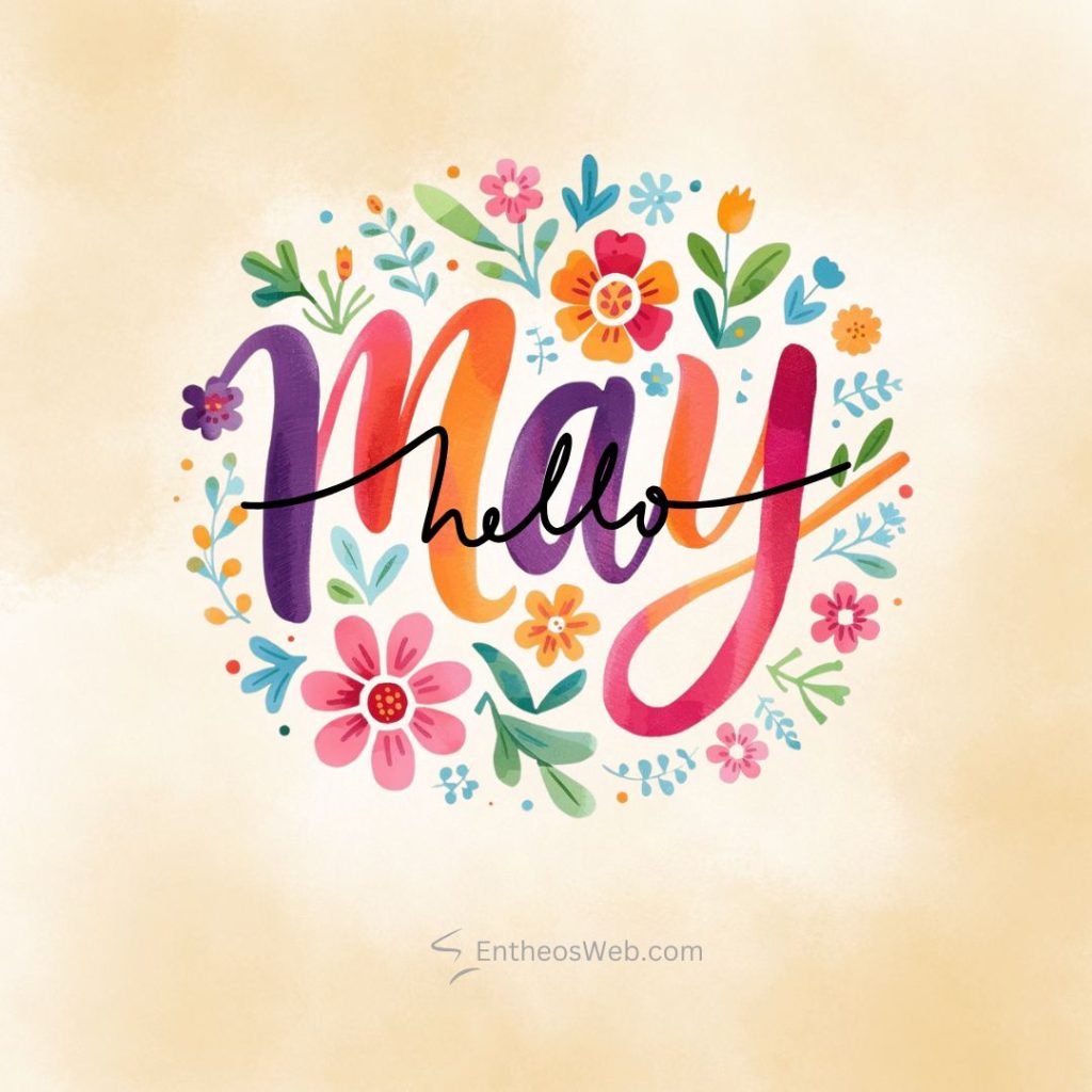 Circular wreath of bright flowers surrounding the word hello in black cursive on a pale beige background cheerful greeting image Hello may instagram post floral purple