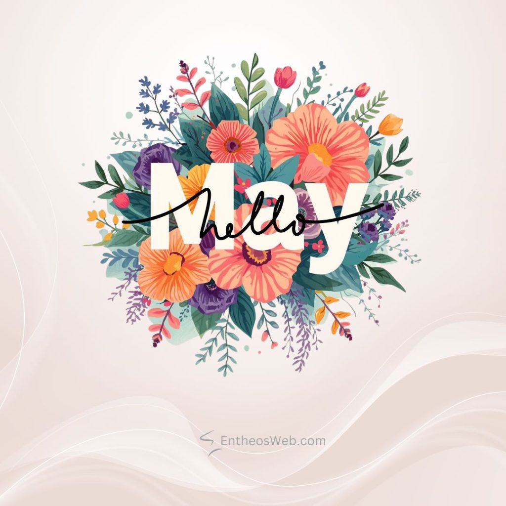 Decorative welcome graphic with a bright floral bouquet and the word hello across the center on a soft beige background Hello may instagram post overlap