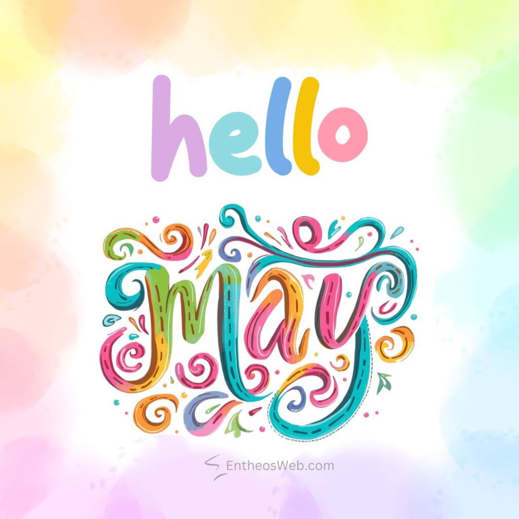 Colorful hello may graphic with ornate swirly letters on a pastel watercolor background greeting style image Hello may instagram post pastel