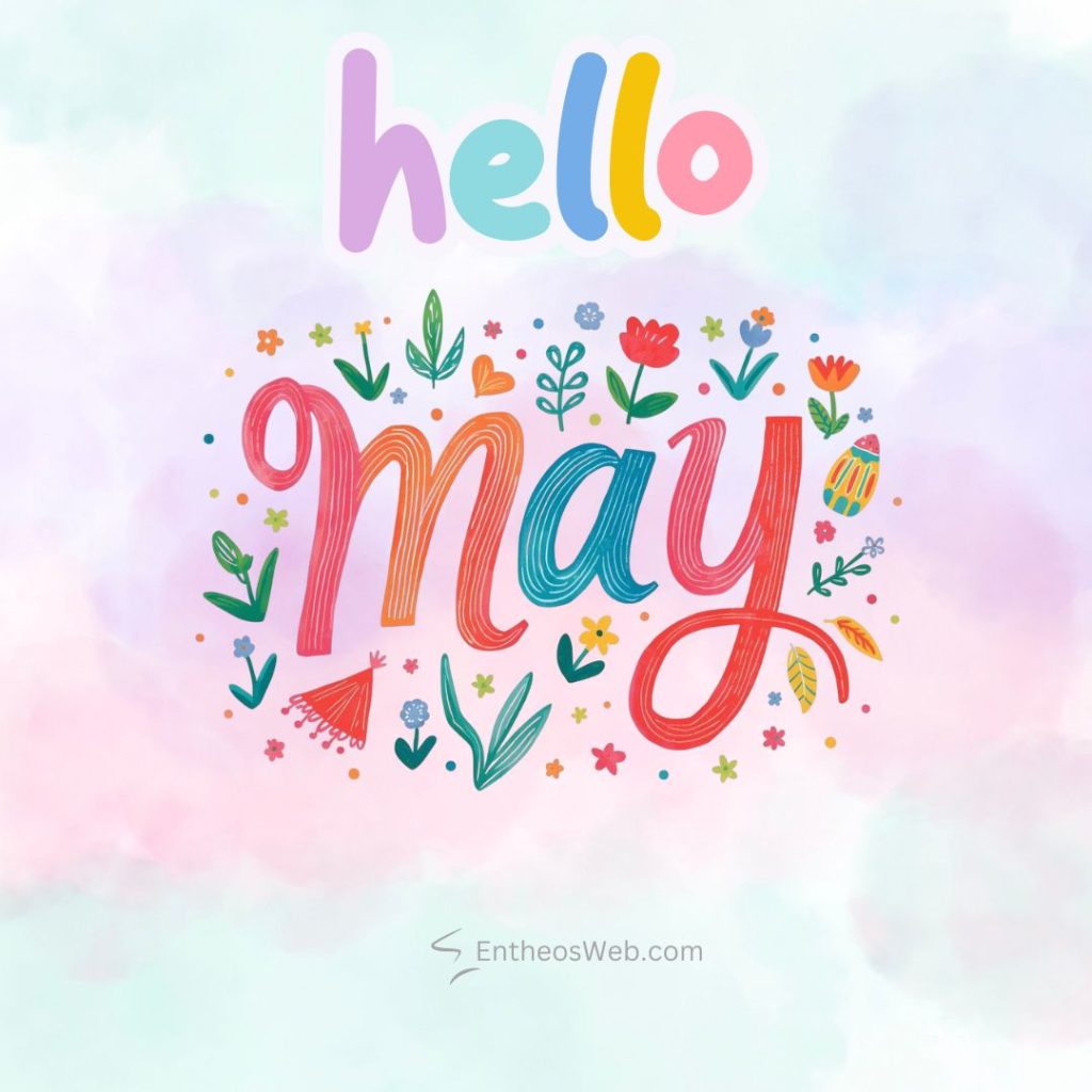 Bright pastel background with the word hello in colorful bubbly letters and may in a script font surrounded by doodle flowers and leaves a cheerful greeting Hello may instagram post pastel white