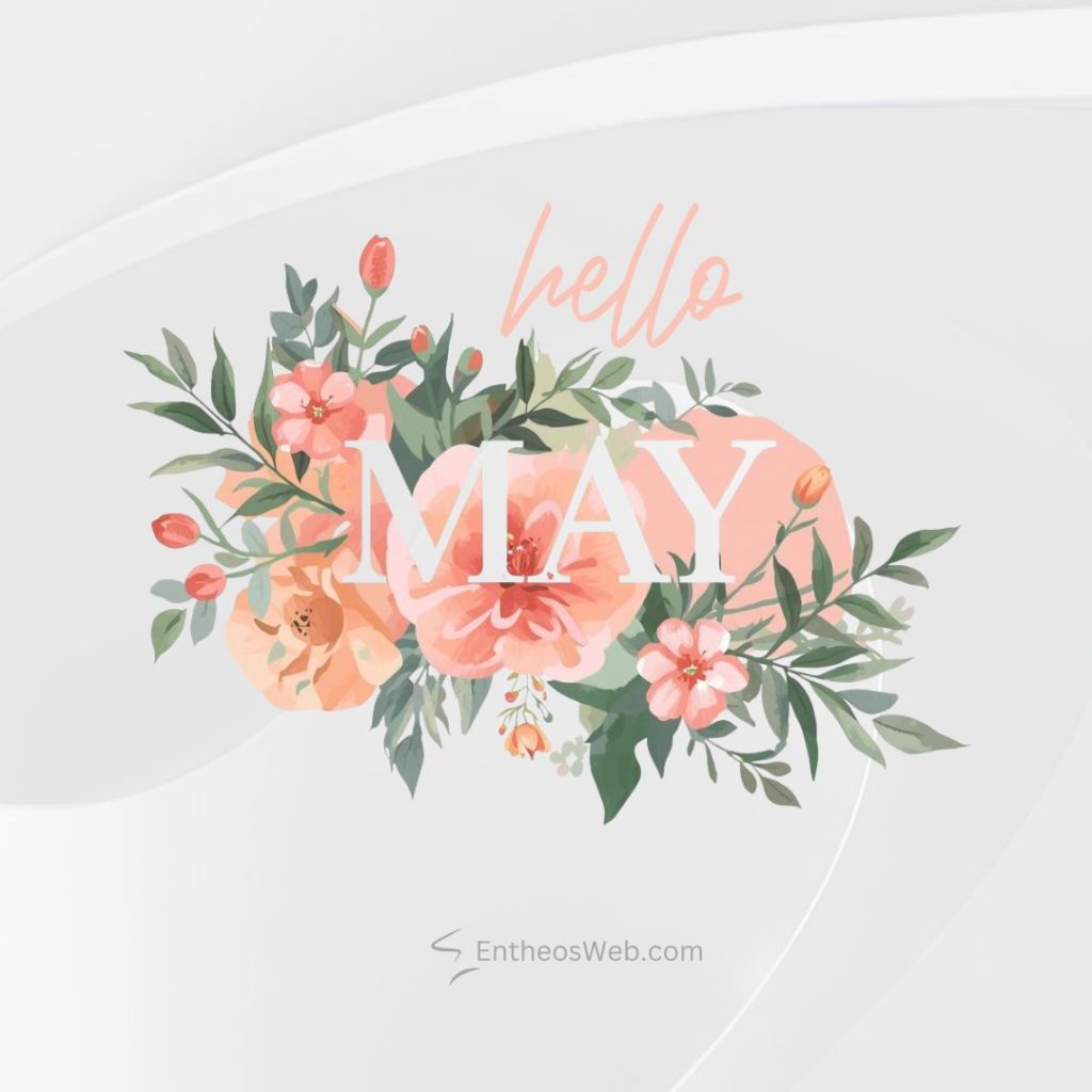 Pastel floral bouquet surrounding the word may with hello in peach script on a pale gray background a spring greeting design Hello may instagram post pink and green