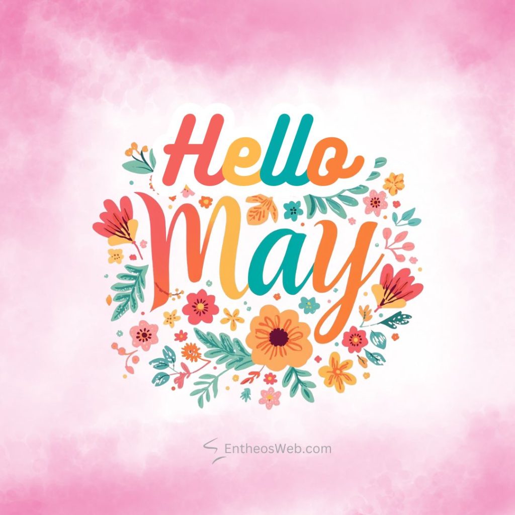 Colorful hello may script surrounded by a floral wreath on a pink watercolor background Hello may instagram post redyellowblue orange