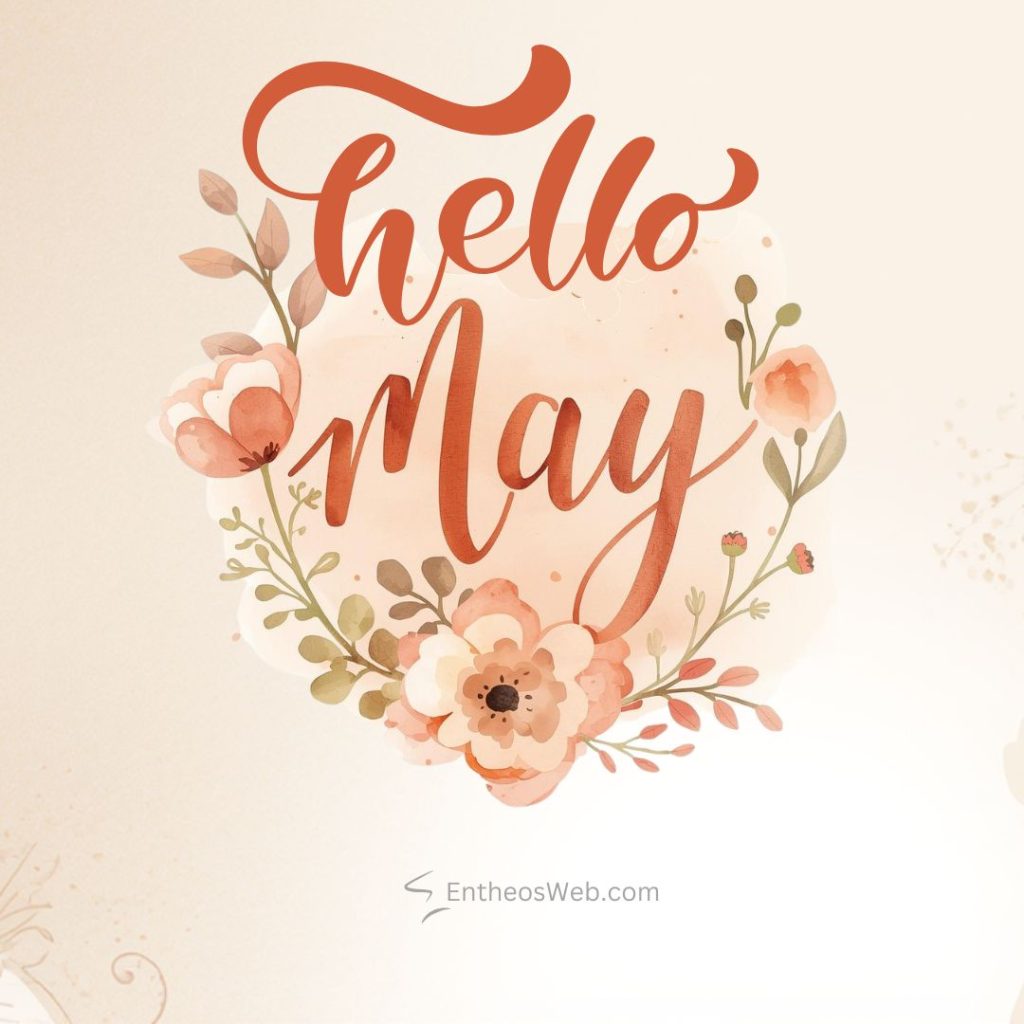 Decorative greeting graphic reading hello may with a peach floral wreath around it Hello may instagram post rosses
